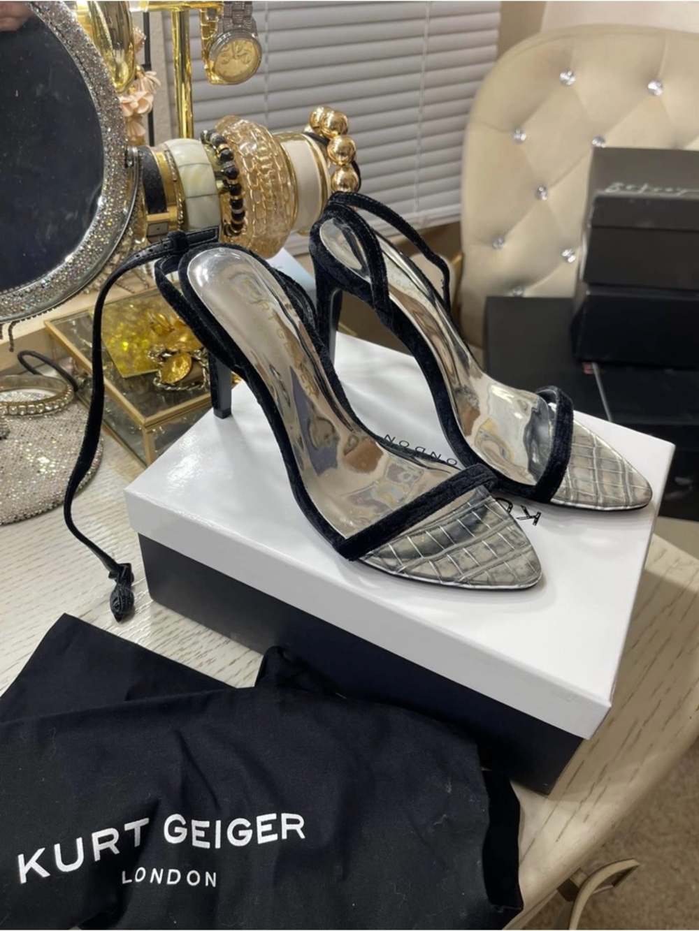 Kurt Geiger Black and Silver Croc-Print Strap Stilettos